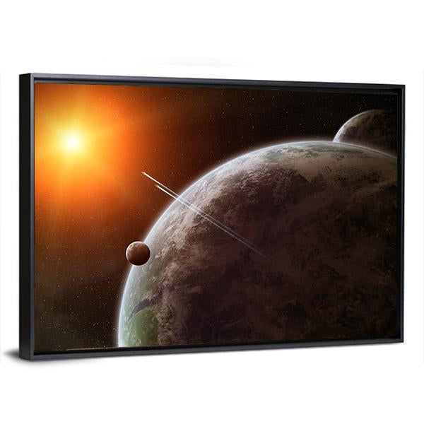 Planet With Its Moon Moving Around Star Canvas Wall Art-3 Horizontal-Gallery Wrap-25" x 16"-Tiaracle