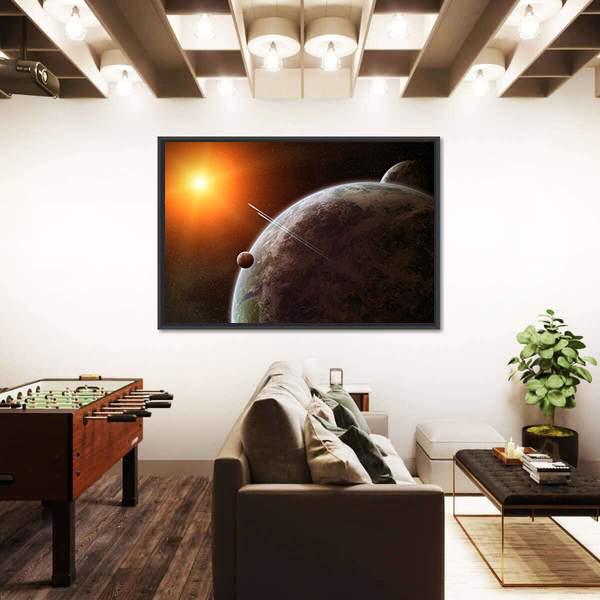 Planet With Its Moon Moving Around Star Canvas Wall Art-3 Horizontal-Gallery Wrap-25" x 16"-Tiaracle