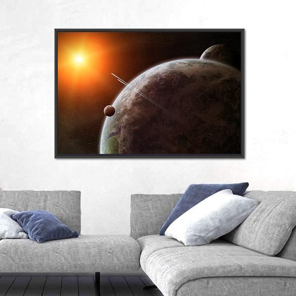 Planet With Its Moon Moving Around Star Canvas Wall Art-3 Horizontal-Gallery Wrap-25" x 16"-Tiaracle