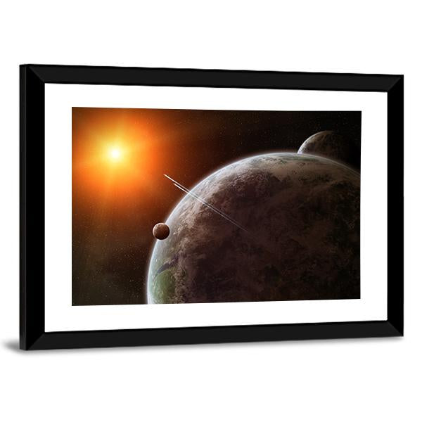 Planet With Its Moon Moving Around Star Canvas Wall Art-3 Horizontal-Gallery Wrap-25" x 16"-Tiaracle