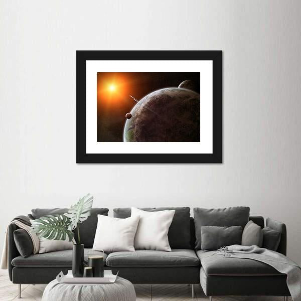 Planet With Its Moon Moving Around Star Canvas Wall Art-3 Horizontal-Gallery Wrap-25" x 16"-Tiaracle