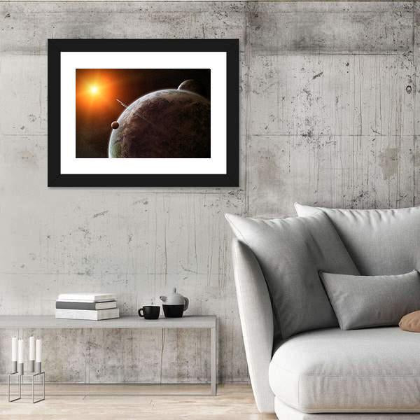 Planet With Its Moon Moving Around Star Canvas Wall Art-3 Horizontal-Gallery Wrap-25" x 16"-Tiaracle