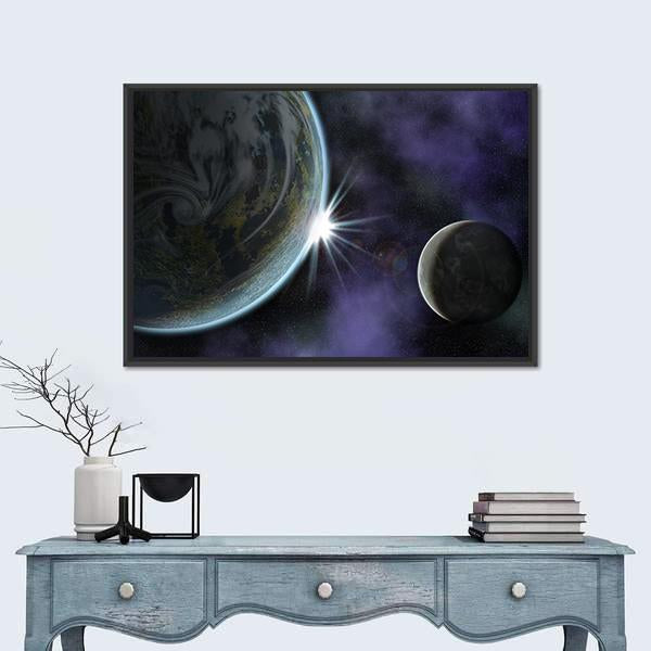 Planet with Moon and Star in Deep Space Canvas Wall Art in black, blue and purple, framed canvas, product view on a white background