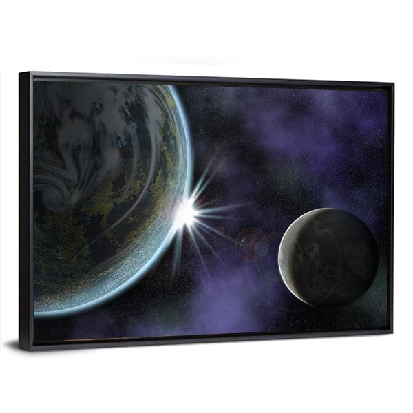 Planet With Moon And Star In Deep Space Canvas Wall Art-3 Horizontal-Gallery Wrap-25" x 16"-Tiaracle