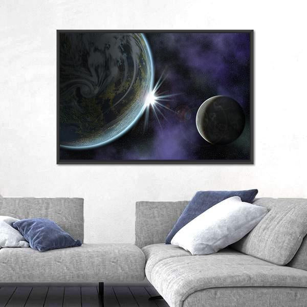 Planet With Moon And Star In Deep Space Canvas Wall Art-3 Horizontal-Gallery Wrap-25" x 16"-Tiaracle