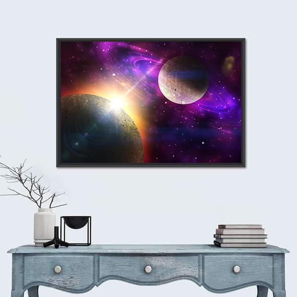 Planet With Ring and Stars Canvas Wall Art-1 Piece-Floating Frame-24" x 16"-Tiaracle
