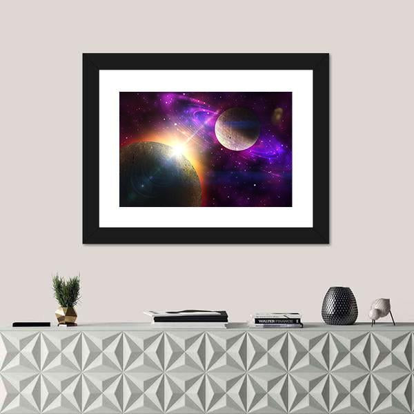 Planet With Ring and Stars Canvas Wall Art-1 Piece-Framed Print-20" x 16"-Tiaracle