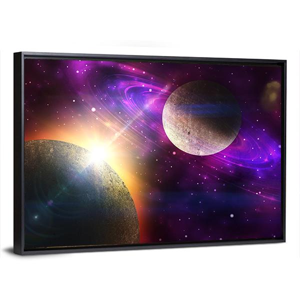 Planet With Ring and Stars Canvas Wall Art-3 Horizontal-Gallery Wrap-25" x 16"-Tiaracle