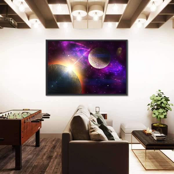 Planet With Ring and Stars Canvas Wall Art-3 Horizontal-Gallery Wrap-25" x 16"-Tiaracle