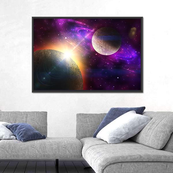 Planet With Ring and Stars Canvas Wall Art-3 Horizontal-Gallery Wrap-25" x 16"-Tiaracle