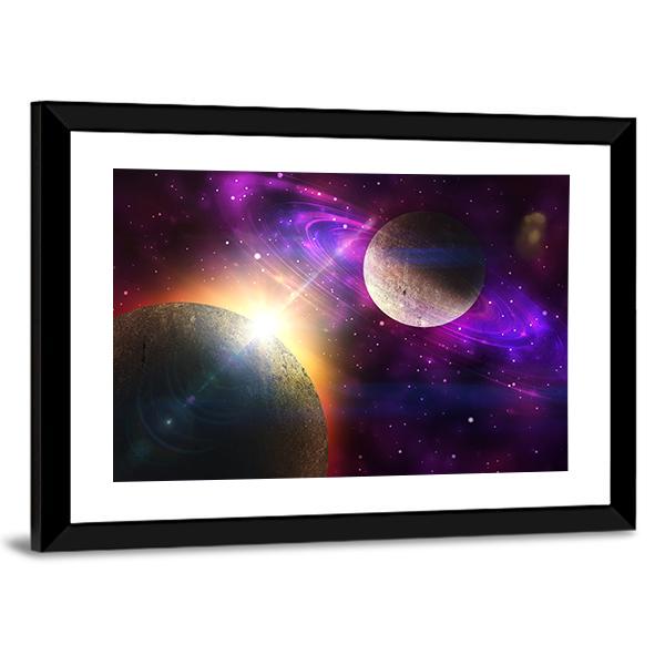 Planet With Ring and Stars Canvas Wall Art-3 Horizontal-Gallery Wrap-25" x 16"-Tiaracle