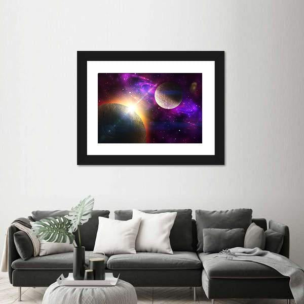 Planet With Ring and Stars Canvas Wall Art-3 Horizontal-Gallery Wrap-25" x 16"-Tiaracle