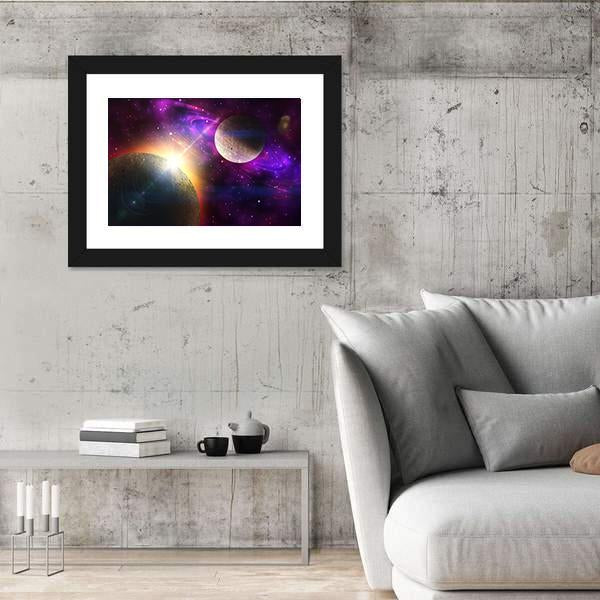 Planet With Ring and Stars Canvas Wall Art-3 Horizontal-Gallery Wrap-25" x 16"-Tiaracle
