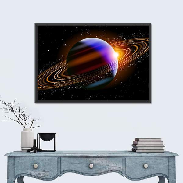 Planet With Rings In Deep Space Canvas Wall Art-1 Piece-Floating Frame-24" x 16"-Tiaracle