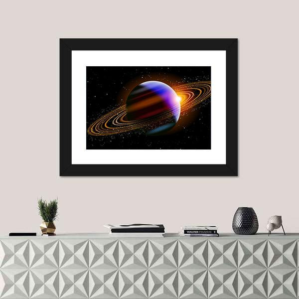Planet With Rings In Deep Space Canvas Wall Art-1 Piece-Framed Print-20" x 16"-Tiaracle
