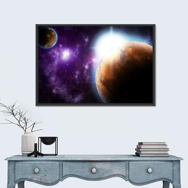 Planet With Sun Flare In Deep Space Canvas Wall Art-1 Piece-Floating Frame-24" x 16"-Tiaracle