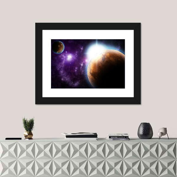 Planet With Sun Flare In Deep Space Canvas Wall Art-1 Piece-Framed Print-20" x 16"-Tiaracle