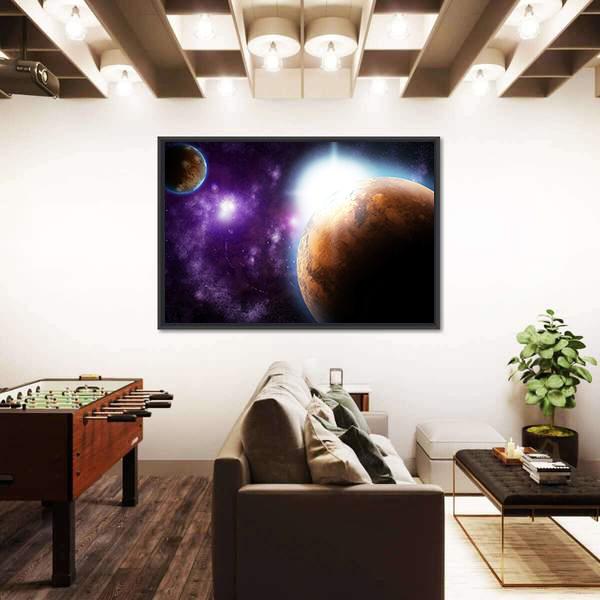 Planet With Sun Flare In Deep Space Canvas Wall Art-3 Horizontal-Gallery Wrap-25" x 16"-Tiaracle