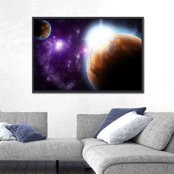Planet With Sun Flare In Deep Space Canvas Wall Art-3 Horizontal-Gallery Wrap-25" x 16"-Tiaracle