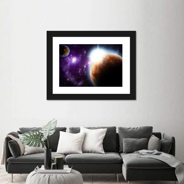 Planet With Sun Flare In Deep Space Canvas Wall Art-3 Horizontal-Gallery Wrap-25" x 16"-Tiaracle