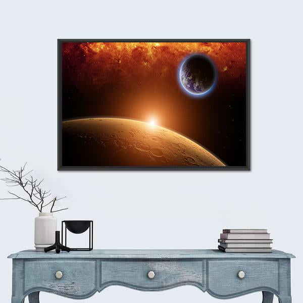 Planets Earth And Mars In Space Red Galaxy Bright Red Sun Canvas Wall Art-1 Piece-Floating Frame-24" x 16"-Tiaracle