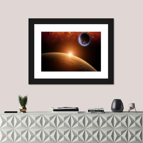 Planets Earth And Mars In Space Red Galaxy Bright Red Sun Canvas Wall Art-1 Piece-Framed Print-20" x 16"-Tiaracle
