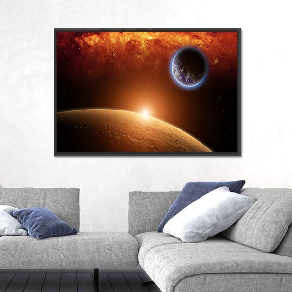 Planets Earth And Mars In Space Red Galaxy Bright Red Sun Canvas Wall Art-5 Horizontal-Gallery Wrap-22" x 12"-Tiaracle