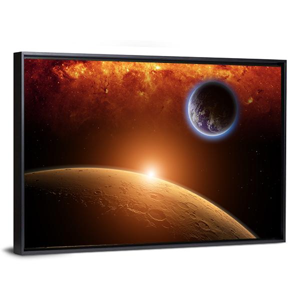 Planets Earth And Mars In Space Red Galaxy Bright Red Sun Canvas