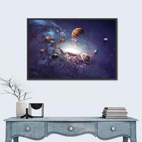 Planets of the Solar System Canvas Wall Art in black, blue and purple, framed canvas, product view on a white background