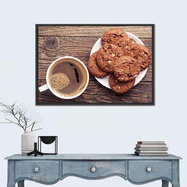 Plate With Chocolate Cookies And Cup Of Hot Coffee Canvas Wall Art-1 Piece-Floating Frame-24&quot; x 16&quot;-Tiaracle