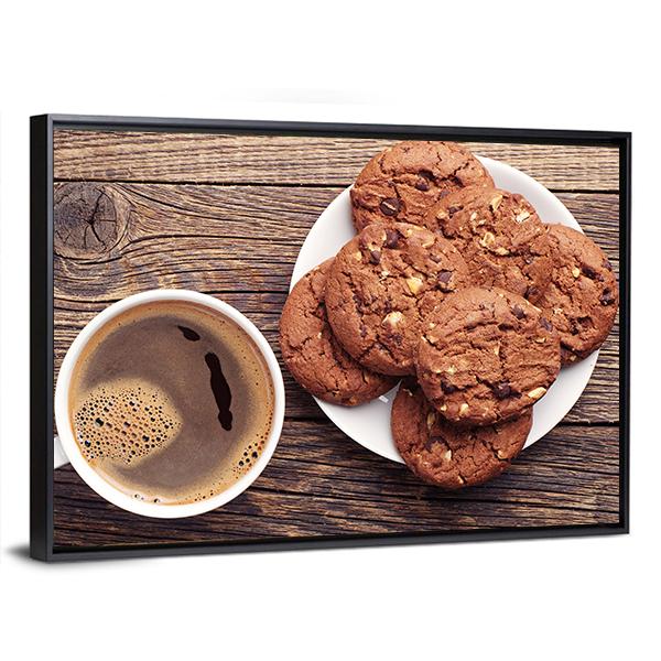 Plate With Chocolate Cookies And Cup Of Hot Coffee Canvas Wall Art-3 Horizontal-Gallery Wrap-25&quot; x 16&quot;-Tiaracle