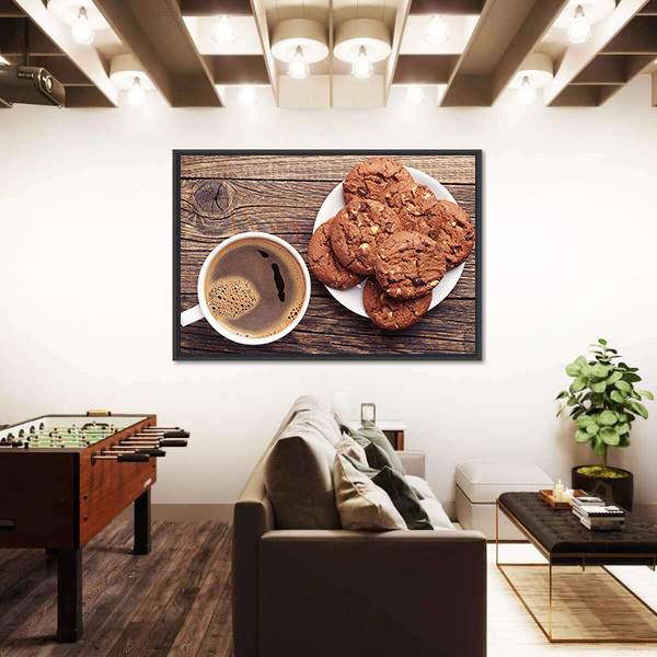 Plate With Chocolate Cookies And Cup Of Hot Coffee Canvas Wall Art-3 Horizontal-Gallery Wrap-25&quot; x 16&quot;-Tiaracle