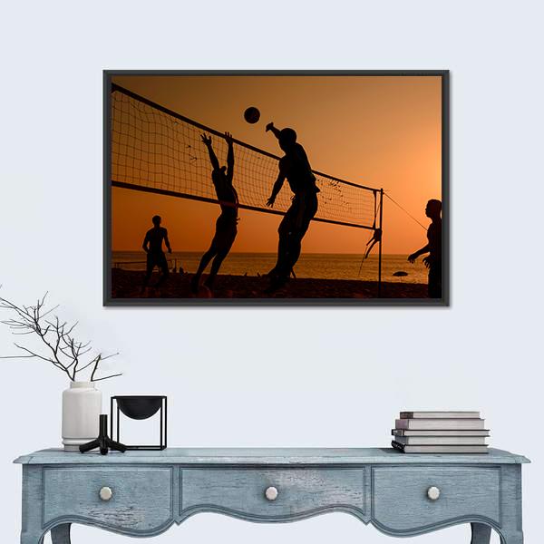 Players Playing Volley Ball At Beach Canvas Wall Art-1 Piece-Floating Frame-24&quot; x 16&quot;-Tiaracle