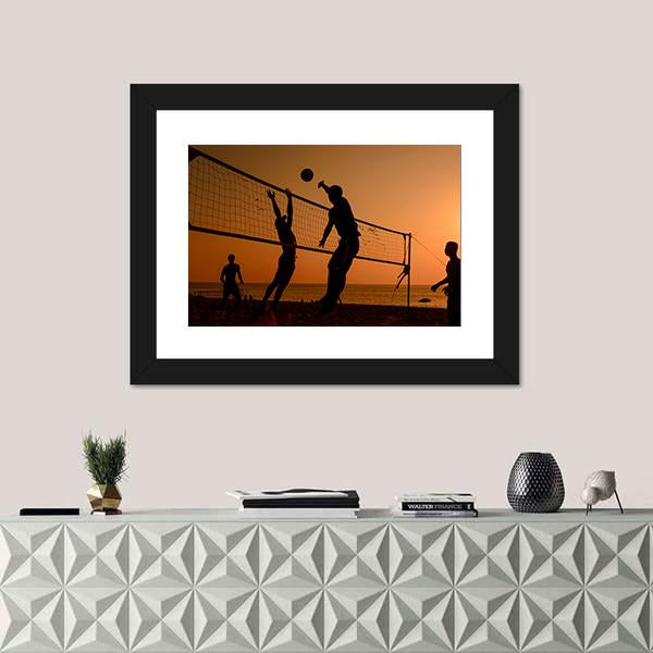 Players Playing Volley Ball At Beach Canvas Wall Art-1 Piece-Framed Print-20&quot; x 16&quot;-Tiaracle
