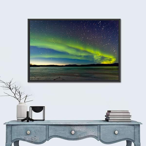 Polar Lights And Morning Dawn On Night Sky Canvas Wall Art-1 Piece-Floating Frame-24" x 16"-Tiaracle