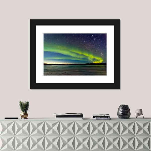 Polar Lights And Morning Dawn On Night Sky Canvas Wall Art-1 Piece-Framed Print-20" x 16"-Tiaracle