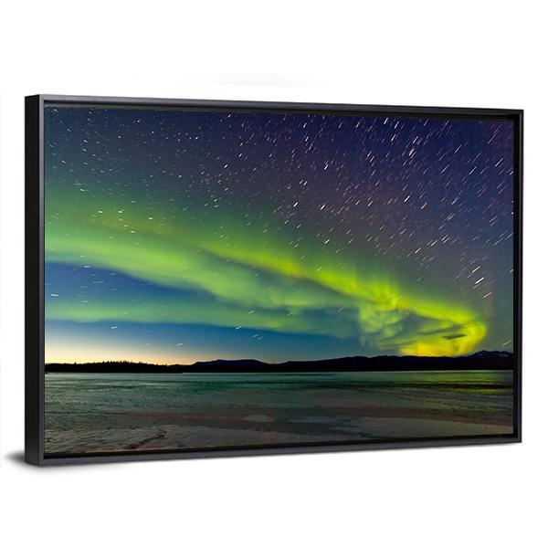 Polar Lights And Morning Dawn On Night Sky Canvas Wall Art-3 Horizontal-Gallery Wrap-25" x 16"-Tiaracle