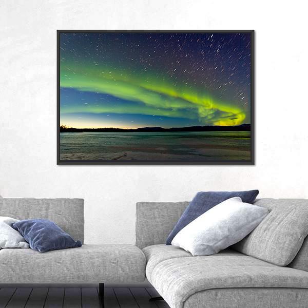 Polar Lights And Morning Dawn On Night Sky Canvas Wall Art-3 Horizontal-Gallery Wrap-25" x 16"-Tiaracle