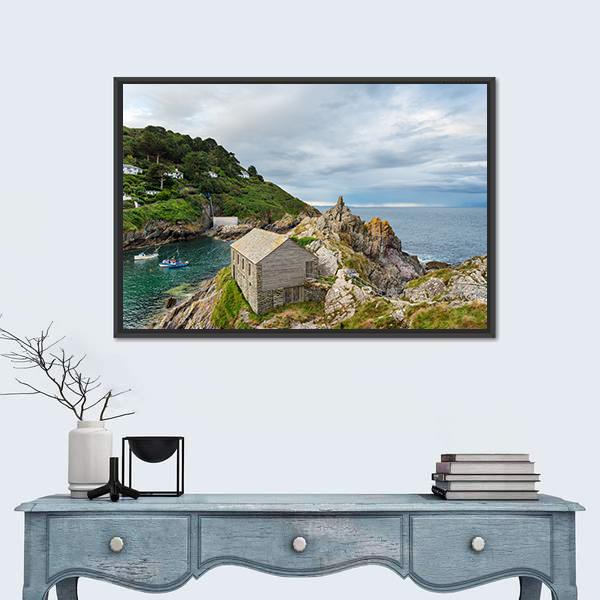Polperro Harbour In Cornwall Canvas Wall Art-1 Piece-Floating Frame-24" x 16"-Tiaracle
