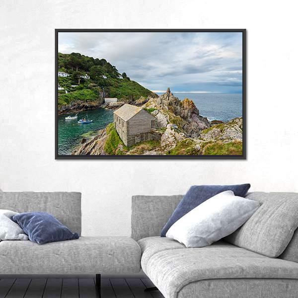 Polperro Harbour In Cornwall Canvas Wall Art-3 Horizontal-Gallery Wrap-25" x 16"-Tiaracle