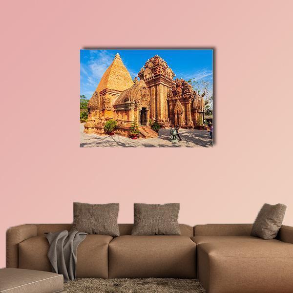 Ponagar Temple in Vietnam Canvas Wall Art in brown, orange and blue, single panel hung on a wall