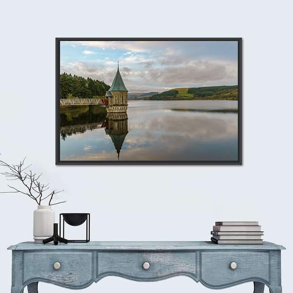 Pontsticill Reservoir And Valve Tower Canvas Wall Art-1 Piece-Floating Frame-24" x 16"-Tiaracle