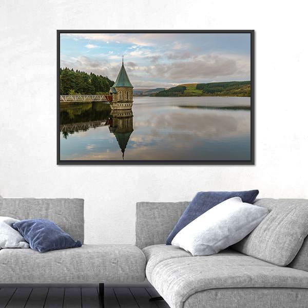 Pontsticill Reservoir And Valve Tower Canvas Wall Art-3 Horizontal-Gallery Wrap-25" x 16"-Tiaracle