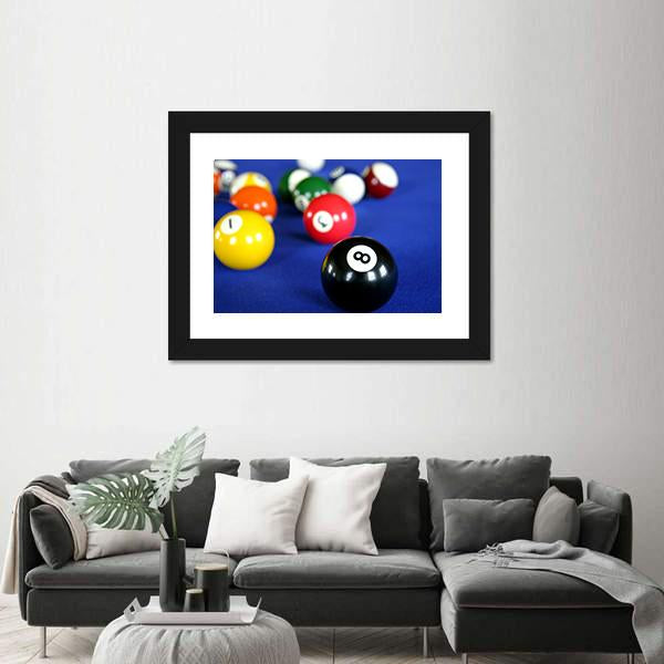 Pool Balls On Blue Pool Table Canvas Wall Art-1 Piece-Framed Print-20&quot; x 16&quot;-Tiaracle