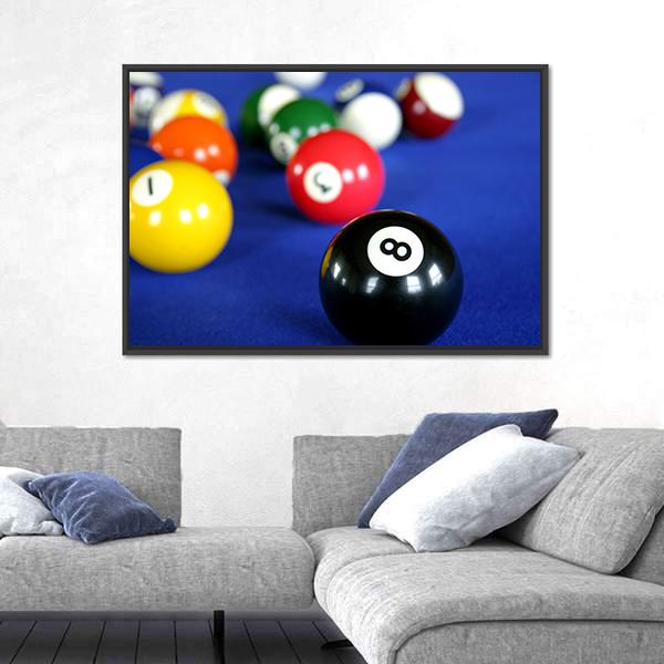 Pool Balls On Blue Pool Table Canvas Wall Art-5 Horizontal-Gallery Wrap-22&quot; x 12&quot;-Tiaracle