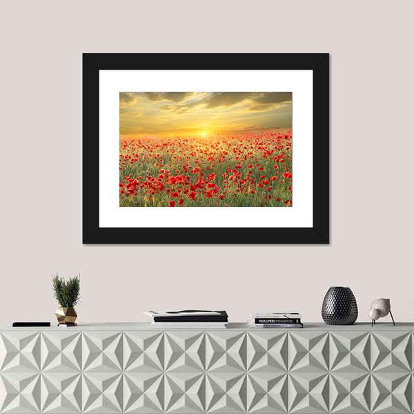 Poppy Filed At Sunset Canvas Wall Art-1 Piece-Framed Print-20" x 16"-Tiaracle