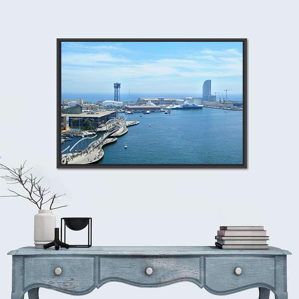 Port Vell And Maremagnum In Barcelona Spain Canvas Wall Art-1 Piece-Floating Frame-24" x 16"-Tiaracle