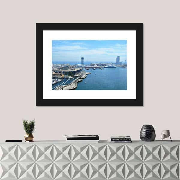 Port Vell And Maremagnum In Barcelona Spain Canvas Wall Art-1 Piece-Framed Print-20" x 16"-Tiaracle