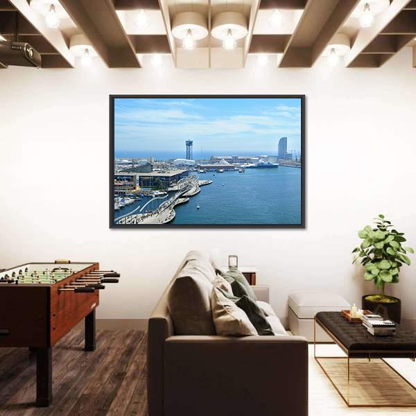 Port Vell And Maremagnum In Barcelona Spain Canvas Wall Art-3 Horizontal-Gallery Wrap-25" x 16"-Tiaracle