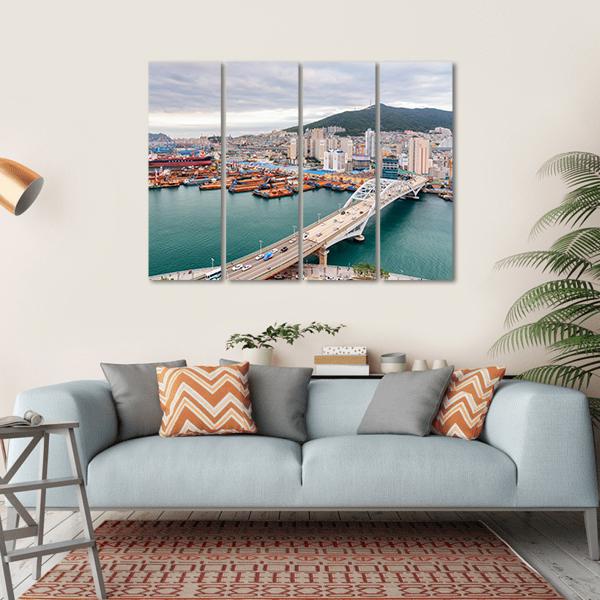 Port of Busan And Busandaegyo Bridge Canvas Wall Art-4 Horizontal-Gallery Wrap-34" x 24"-Tiaracle